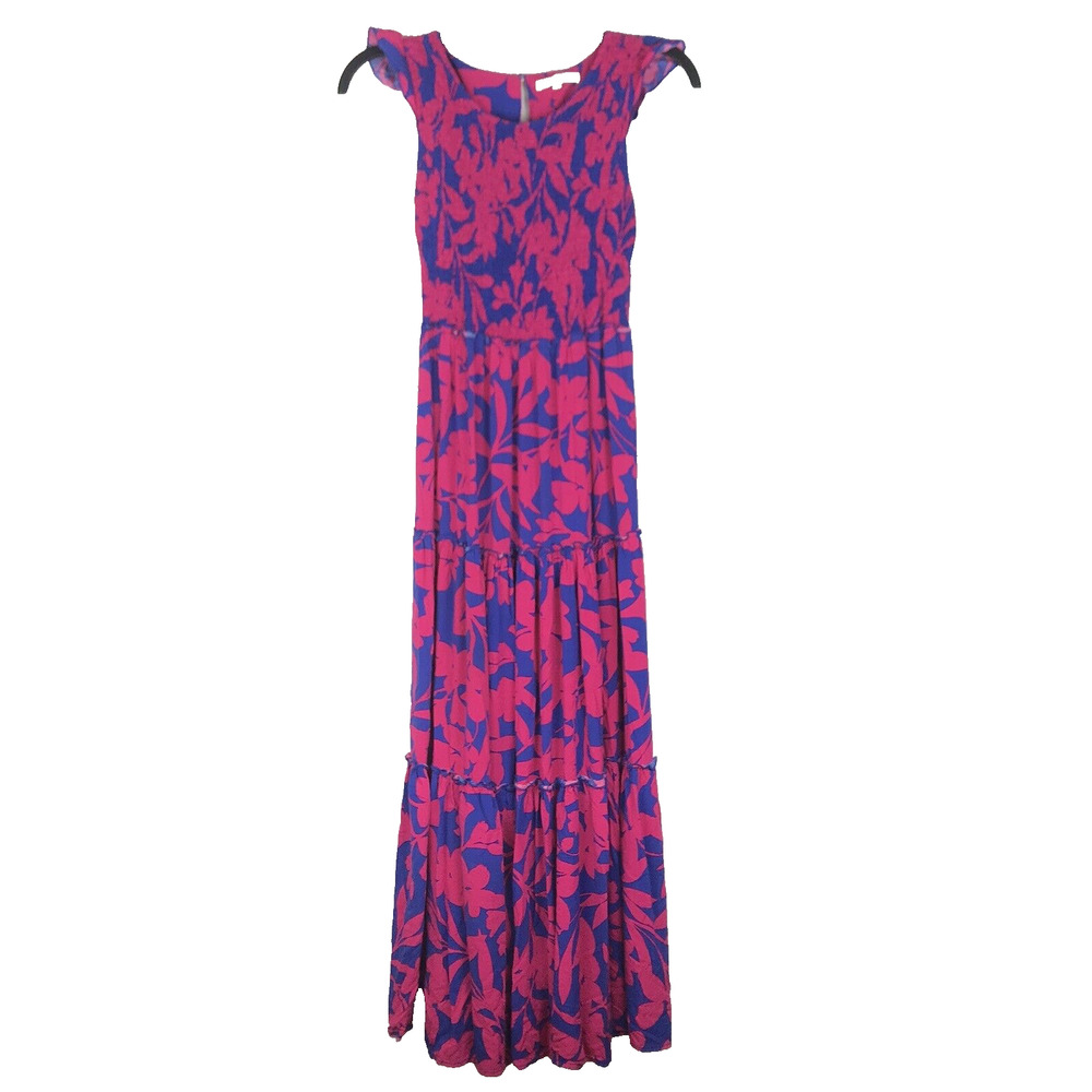 Abel The Label Anthropologie Maxi Dress Tiered Smocked Floral Pink Blue Size XS